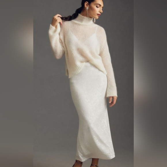 Stunning Winter White Sequined Fluted Hem Midi Fem Glam Coquette Girl Holiday - Picture 17 of 17